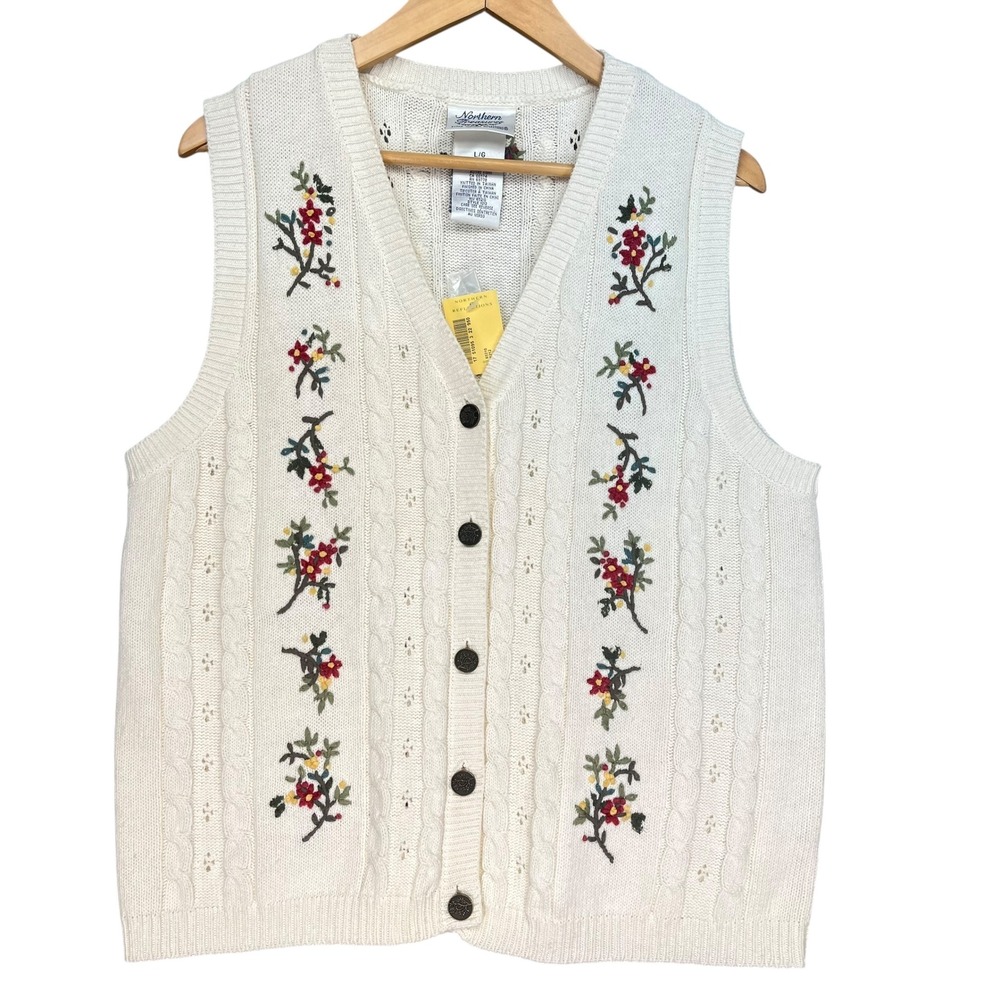 Northern Treasures‎ Grannycore Embroidered Knit Floral Sweater Vest NWT Size L